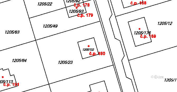 Malešovice 180 na parcele st. 1205/132 v KÚ Malešovice, Katastrální mapa