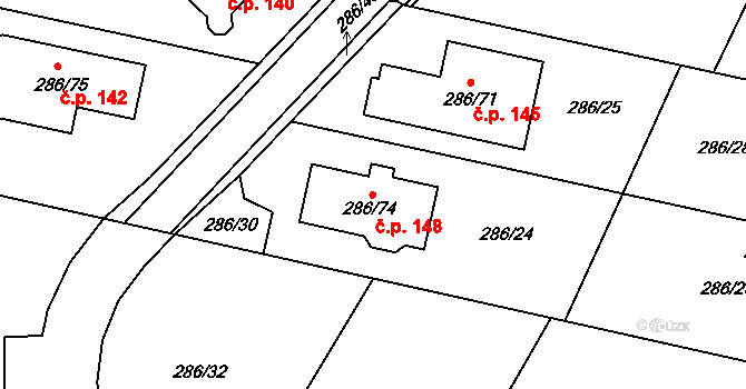 Všeborovice 148, Dalovice na parcele st. 286/74 v KÚ Všeborovice, Katastrální mapa