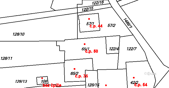 Bušanovice 50 na parcele st. 65/1 v KÚ Bušanovice, Katastrální mapa