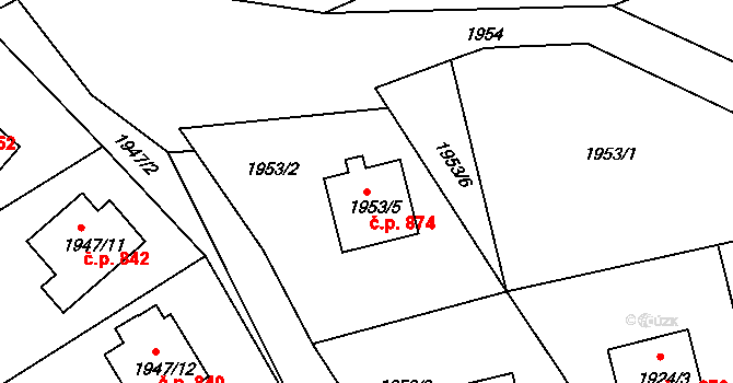 Odry 874 na parcele st. 1953/5 v KÚ Odry, Katastrální mapa