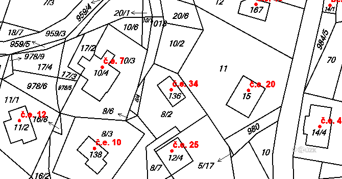 Rájov 34, Perštejn na parcele st. 136 v KÚ Rájov u Perštejna, Katastrální mapa