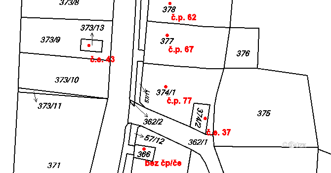 Koštov 77, Trmice na parcele st. 374/1 v KÚ Koštov, Katastrální mapa