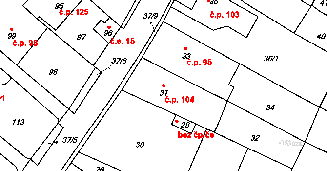 Malé Březno 104 na parcele st. 31 v KÚ Malé Březno nad Labem, Katastrální mapa