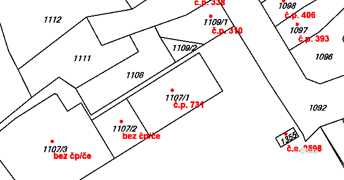 Trmice 731 na parcele st. 1107/1 v KÚ Trmice, Katastrální mapa
