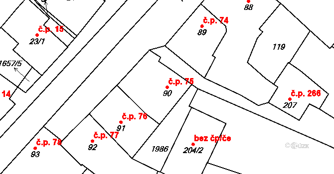 Přibyslav 75 na parcele st. 90 v KÚ Přibyslav, Katastrální mapa