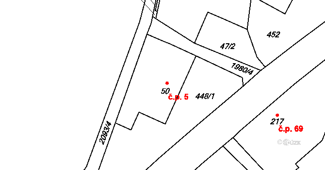 Skuhrov nad Bělou 5 na parcele st. 50 v KÚ Skuhrov nad Bělou, Katastrální mapa