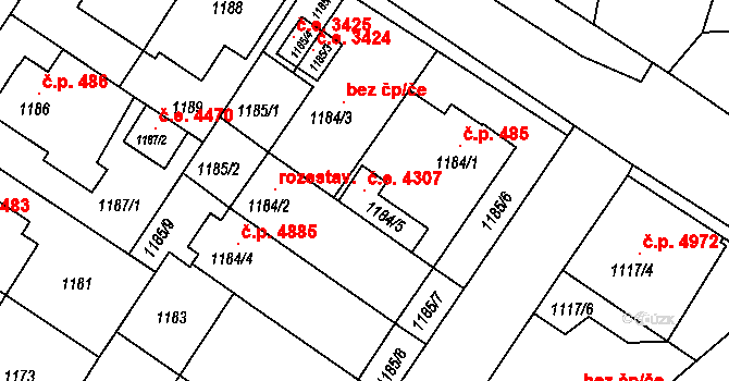Jihlava 4307 na parcele st. 1184/5 v KÚ Jihlava, Katastrální mapa