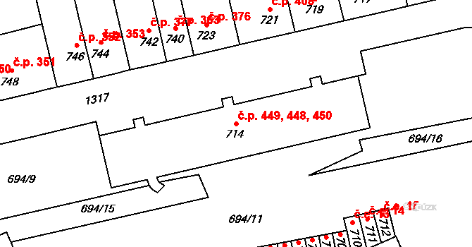 Brodek u Přerova 448,449,450 na parcele st. 714 v KÚ Brodek u Přerova, Katastrální mapa