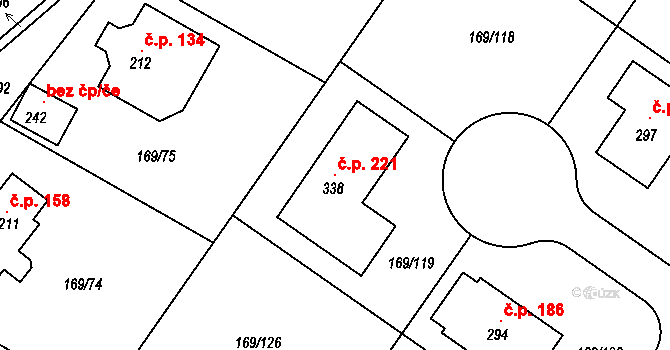 Tuchoraz 221 na parcele st. 338 v KÚ Tuchoraz, Katastrální mapa