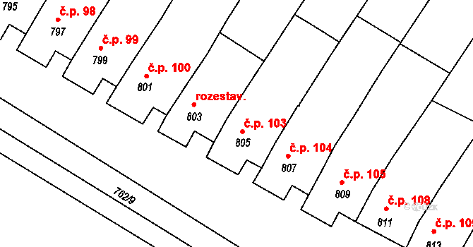 Těšany 103 na parcele st. 805 v KÚ Těšany, Katastrální mapa