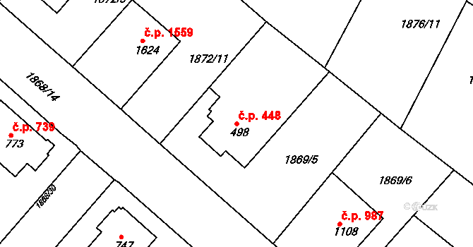 Tišnov 448 na parcele st. 498 v KÚ Tišnov, Katastrální mapa