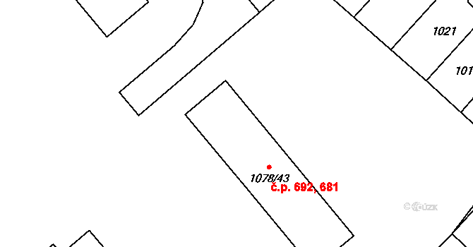 Vyškov-Předměstí 681,692, Vyškov na parcele st. 1078/43 v KÚ Vyškov, Katastrální mapa