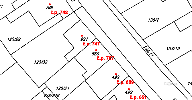 Rozdělov 707, Kladno na parcele st. 559 v KÚ Rozdělov, Katastrální mapa