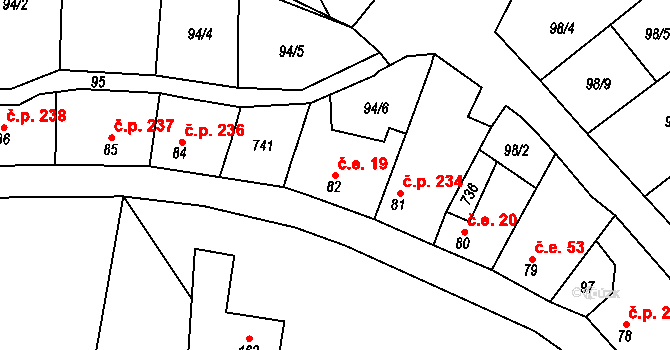 Vrbice 19, Mšené-lázně na parcele st. 82 v KÚ Vrbice u Mšeného-lázní, Katastrální mapa