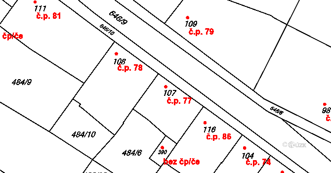Travčice 77 na parcele st. 107 v KÚ Travčice, Katastrální mapa