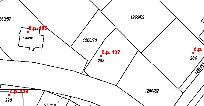 Myslibořice 137 na parcele st. 283 v KÚ Myslibořice, Katastrální mapa
