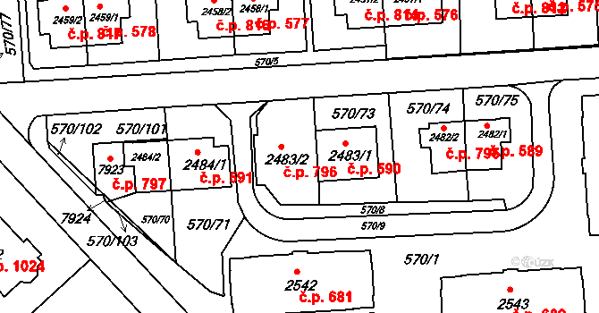 Borovina 796, Třebíč na parcele st. 2483/2 v KÚ Třebíč, Katastrální mapa