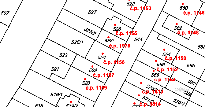 Černá Pole 1156, Brno na parcele st. 524 v KÚ Černá Pole, Katastrální mapa