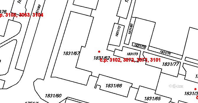 Frýdek 3072,3073,3101,3102, Frýdek-Místek na parcele st. 1831/62 v KÚ Frýdek, Katastrální mapa
