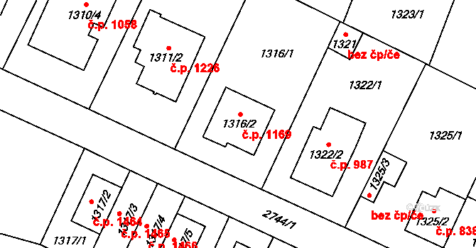 Kyje 1169, Praha na parcele st. 1316/2 v KÚ Kyje, Katastrální mapa
