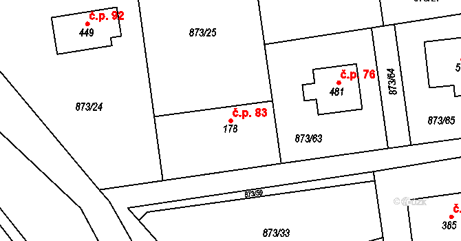 Svinaře 83 na parcele st. 178 v KÚ Svinaře, Katastrální mapa