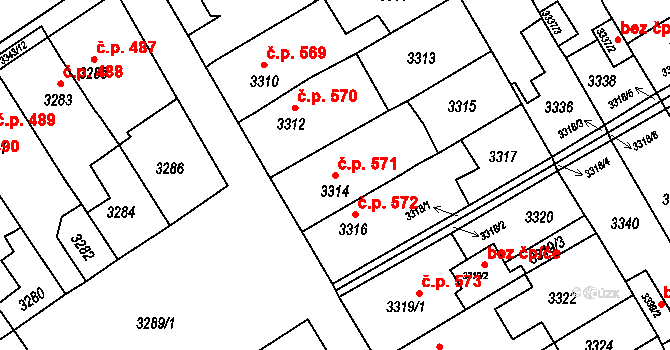Jirkov 571 na parcele st. 3314 v KÚ Jirkov, Katastrální mapa