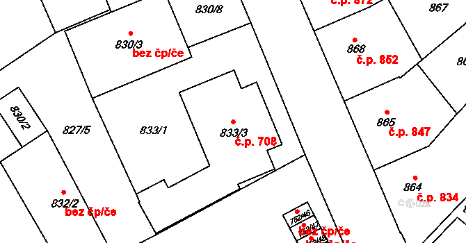 Předměstí 708, Opava na parcele st. 833/3 v KÚ Opava-Předměstí, Katastrální mapa