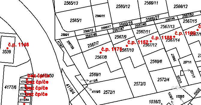 Komín 1176, Brno na parcele st. 2567/8 v KÚ Komín, Katastrální mapa