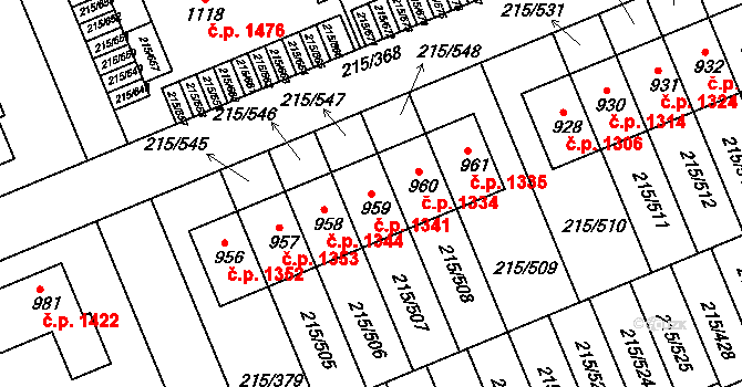Rudná 1341 na parcele st. 959 v KÚ Hořelice, Katastrální mapa