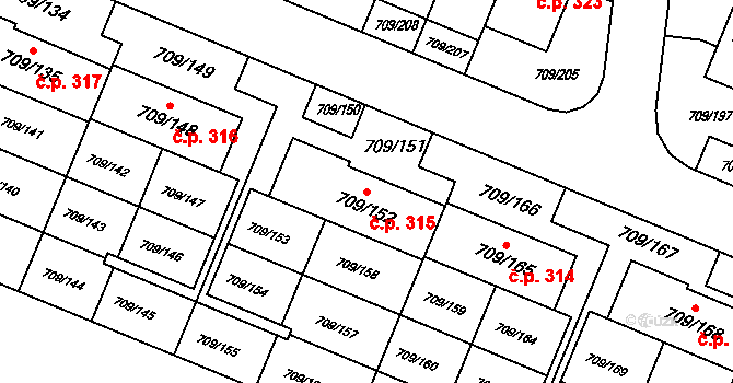 Popůvky 315 na parcele st. 709/152 v KÚ Popůvky u Brna, Katastrální mapa