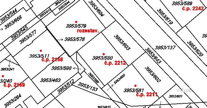 Řečkovice 2212, Brno na parcele st. 3953/580 v KÚ Řečkovice, Katastrální mapa