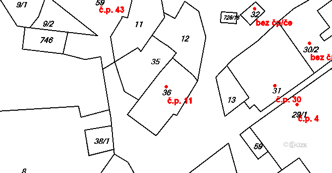 Hodíškov 11 na parcele st. 36 v KÚ Hodíškov, Katastrální mapa