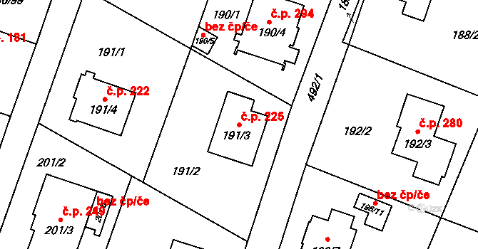 Bobrovníky 225, Hlučín na parcele st. 191/3 v KÚ Bobrovníky, Katastrální mapa