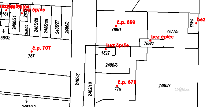 Dobřany 46246762 na parcele st. 1827 v KÚ Dobřany, Katastrální mapa