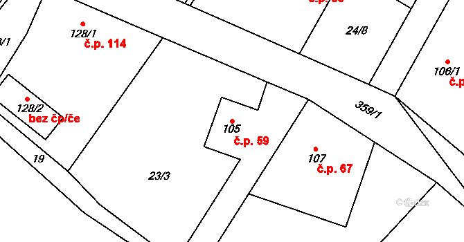 Řestoky 59 na parcele st. 105 v KÚ Řestoky, Katastrální mapa