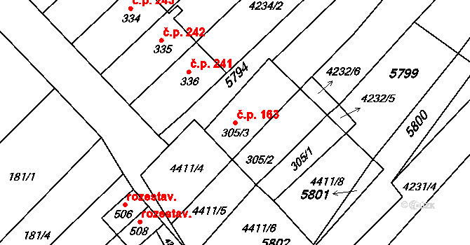 Rašovice 163 na parcele st. 305/1 v KÚ Rašovice u Bučovic, Katastrální mapa