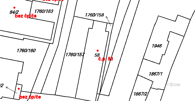 Horní Bříza 53 na parcele st. 58 v KÚ Horní Bříza, Katastrální mapa