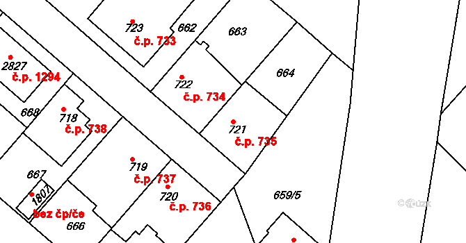Neratovice 735 na parcele st. 721 v KÚ Neratovice, Katastrální mapa
