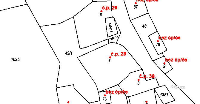 Zbynice 28, Hrádek na parcele st. 7 v KÚ Zbynice, Katastrální mapa