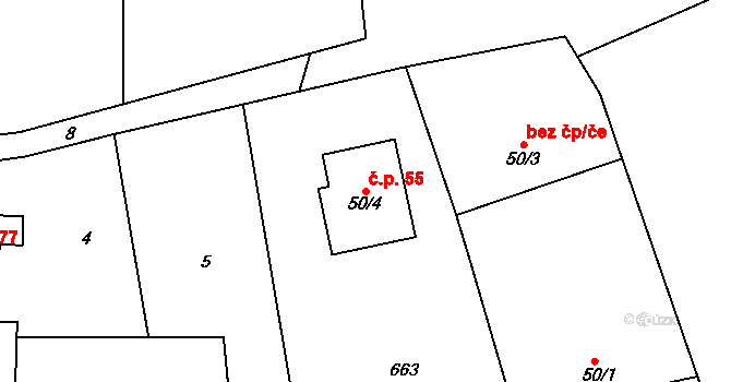 Újezd 55, Mohelnice na parcele st. 50/4 v KÚ Újezd u Mohelnice, Katastrální mapa