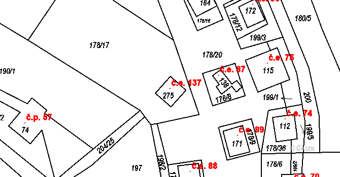 Nezabudice 137 na parcele st. 275 v KÚ Nezabudice, Katastrální mapa