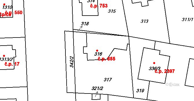 Roztoky 855 na parcele st. 316 v KÚ Roztoky u Prahy, Katastrální mapa