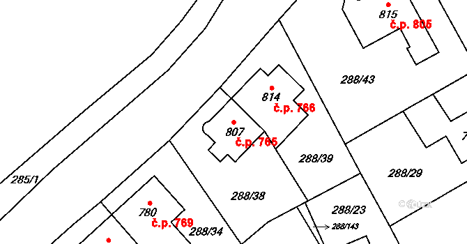 Kyjov 765 na parcele st. 807 v KÚ Kyjov, Katastrální mapa