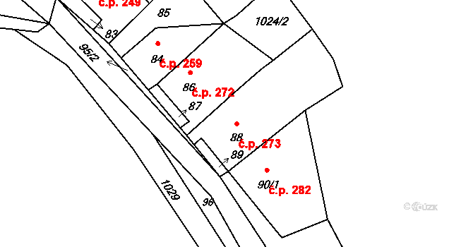 Stonařov 273 na parcele st. 88 v KÚ Stonařov, Katastrální mapa