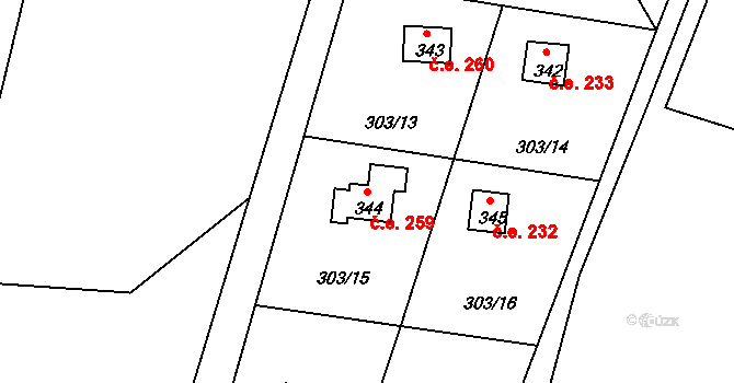 Třebsín 259, Krňany na parcele st. 344 v KÚ Třebsín, Katastrální mapa