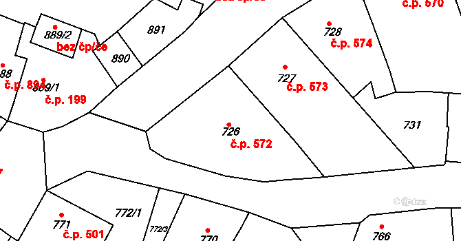 Tachov 572 na parcele st. 726 v KÚ Tachov, Katastrální mapa