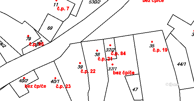 Chotiměř 21 na parcele st. 38 v KÚ Chotiměř, Katastrální mapa