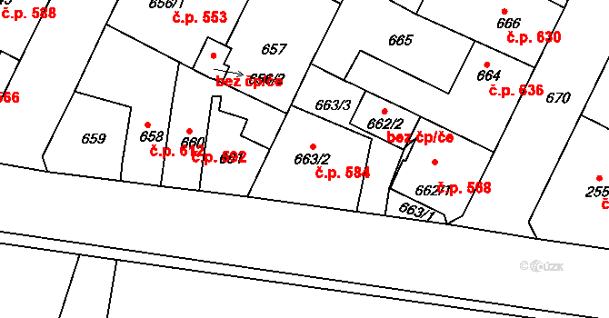 Lovosice 584 na parcele st. 663/2 v KÚ Lovosice, Katastrální mapa