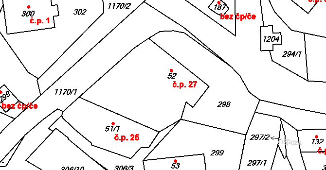 Hrdoňovice 27, Újezd pod Troskami na parcele st. 52 v KÚ Újezd pod Troskami, Katastrální mapa