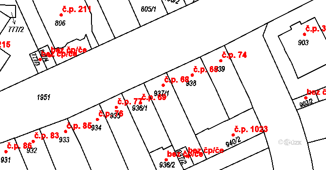 Klíše 68, Ústí nad Labem na parcele st. 937/1 v KÚ Klíše, Katastrální mapa